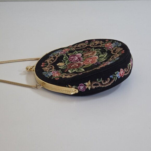 Vintage Floral Petit Point Purse Round Needlepoint Tapestry Evening Bag Clutch - Picture 10 of 16